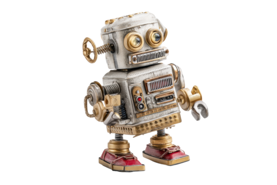 PNG Vintage steampunk robot toy with gears and springs on black background