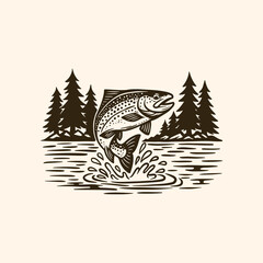 Fototapeta premium Jumping Trout Illustration, Vintage Fishing Art, Lake Fish Scene