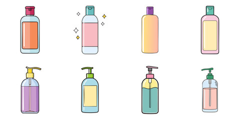 Multiple vector illustration shampoo bottle, contour lines