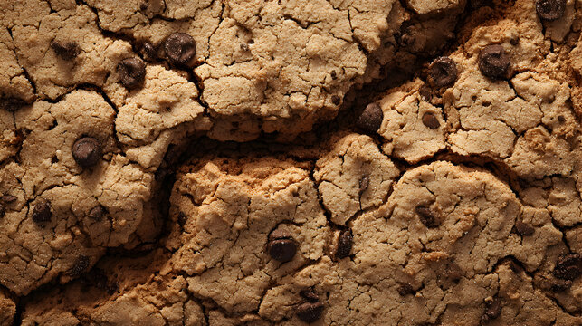 A close up shot showcasing the texture of a delicious chocolate chip cookie surface in intricate detail