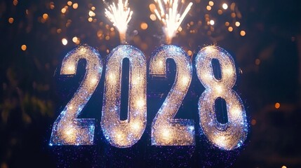 2028 Sparkling Silver Numbers Lit Against a Festive Blur of Fireworks and Celebration