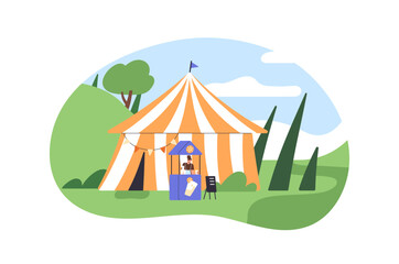 Vendor sells drinks in stall in amusement park. Seller sales refreshing beverages, lemonade near circus tent. Summer funfair with counter, booth. Flat isolated vector illustration on white background
