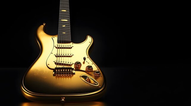 Photograph of gold Stratocaster guitar isolated on black, showcasing its glossy finish and hardware. - Powered by Adobe