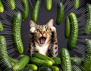 大量のきゅうり囲まれて頭を抱えて絶望する猫