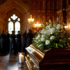 Gathering of mourning souls in a dimly lit chapel around a floral adorned casket