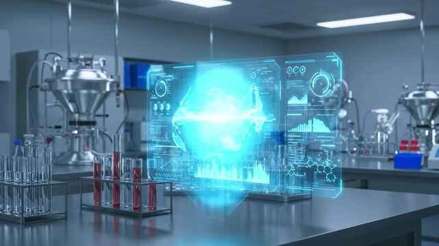 Advanced laboratory with futuristic holographic displays showcasing data analysis and experiments