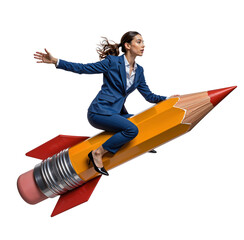 Businesswoman on Pencil Rocket: A determined businesswoman in a sharp blue suit rides a giant pencil rocket, soaring through the air with determination and ambition. This image symbolizes innovation.