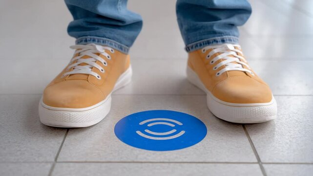 Standing on the Future: A person's feet, adorned in casual footwear, are poised above a minimalist symbol, set within a brightly lit, and tiled setting.
