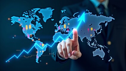 Hand holding a virtual business graph on a digital screen, symbolizing global technology and future connection