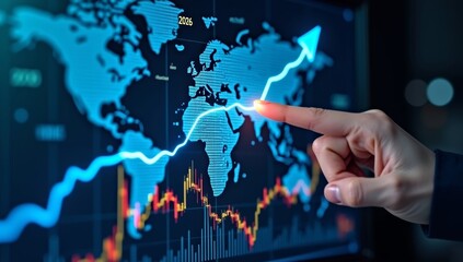 Hand holding a virtual business graph on a digital screen, symbolizing global technology and future connection