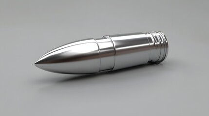3D render of a silver bullet resting on a neutral surface, showcasing its sharp point and cylindrical barrel.