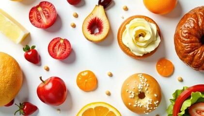 Fototapeta premium Close-up shot of various junk food items against a white backdrop , diet, snack food