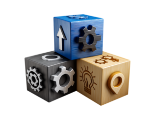 A photograph of three wooden blocks with blue and gray icons representing business on transparent background