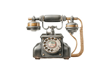 PNG Vintage rotary telephone with brass details and coiled cord on white background