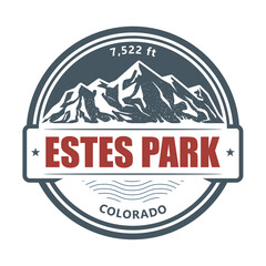 Estes Park, Colorado ski resort emblem with snow covered rocks, vector