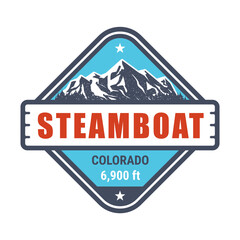 Steamboat, Colorado ski resort stamp, emblem with snow covered mountains in steamboat springs, vector