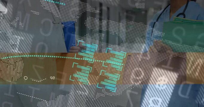 medics gesturing with folders in corridor while generating digital map and converting data records