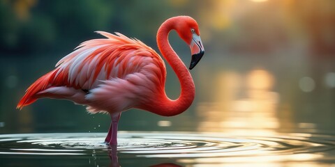 A vibrant flamingo gracefully wading in calm water, its bright plumage reflecting the soft golden light of the setting sun, creating a serene and captivating scene.