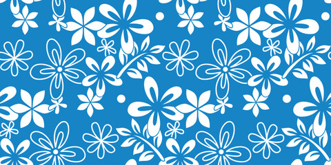 Abstract blue and white floral art seamless pattern. Trendy contemporary floral nature shape background illustration. Natural organic plants leaves prints artwork wallpaper. Vintage spring