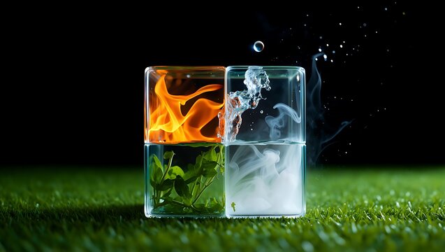 The four elements: fire, water, earth, and air represented in transparent cubes on green grass with a dark background in a conceptual still life