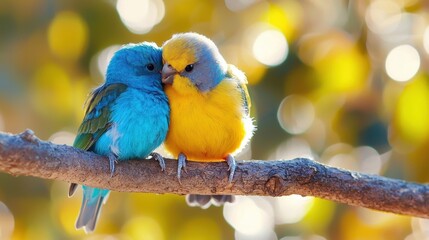 Brightly colored bird couple sitting close on tree branch, showcasing affection in nature.