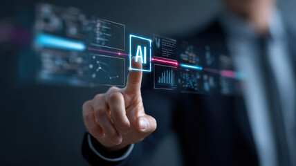 Fototapeta premium A businessman interacts with a futuristic AI interface, his finger pointing at an AI icon. The background shows dynamic data streams and holographic displays.
