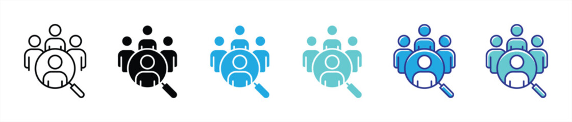magnifying glass people icon set. contain search people, recruitment, community, discovery, connection thin line and color style icon symbol sign for your app and web. vector illustration