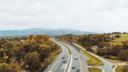 Aerial shot of vehicles on rural freeway