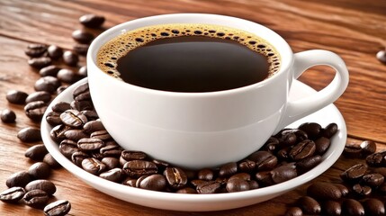 Fototapeta premium Steaming Cup of Freshly Brewed Coffee Surrounded by Roasted Beans on Rustic Wooden Background