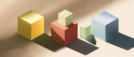 A collection of colorful cubes arranged on a light brown surface with shadows in a minimalist style