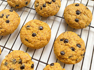 Chocolate chips cookies textured background isolated on white background, cookies with soft taste for snack.
