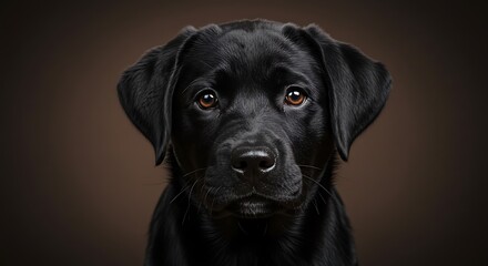 Fototapeta premium Black Puppy Portrait Looking at Camera on Brown Background