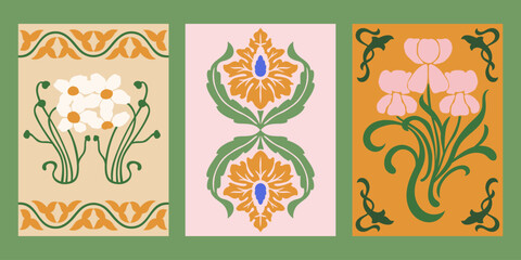 Art Nouveau style vector posters set. Vintage print designs with flowers, abstract florals compositions