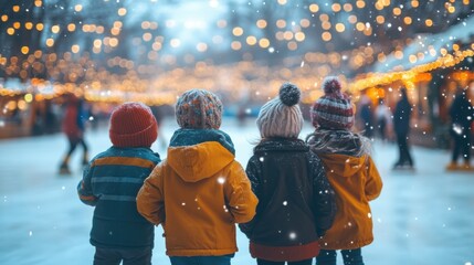 Children enjoying snowy winter wonderland outdoor christmas market festive lights playful atmosphere family fun