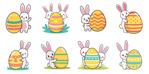 Fototapeta premium Multiple vector illustration Easter eggs and rabbits, outlines