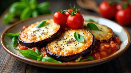 Delicious Eggplant Slices Baked in a Savory Tomato Sauce, Topped with Melted Cheese and Fresh Basil