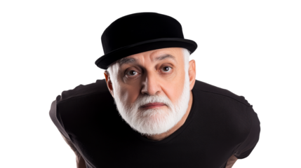 Bearded senior in bowler hat looking down, cut out transparent