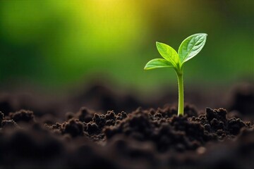 Fototapeta premium A close-up shot of a tiny sprout pushing through rich, dark soil, symbolizing the emergence of life and the primal need for nourishment , genesis, stem