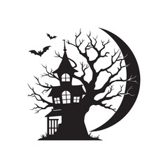 Dark horror-themed silhouette design with classic Halloween elements. Great for event flyers, spooky web graphics, and seasonal marketing.