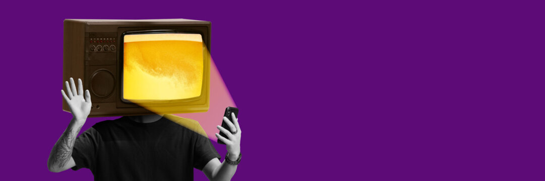 Contemporary art collage. Man with TV instead head waves hand and holds smartphone, screen shows golden beer foam glowing brightly against purple background. Concept of beer festival, celebration