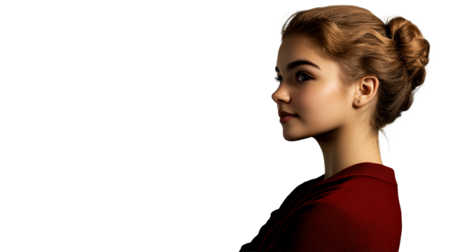 Profile portrait woman, looking forward, elegant bun, cut out transparent