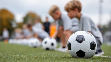 Young soccer players are practicing their skills on the training field, focusing on teamwork and technique. The sun is shining, creating an energetic atmosphere as players dribble and pass