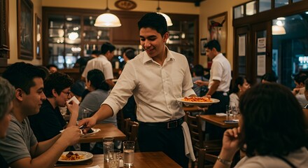 Waiter serving food in a busy restaurant with customers enjoying their meals, enhancing dining experience in a bustling atmosphere