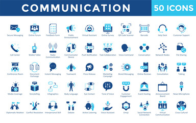Communication icons set with secure messaging, online forum, feedback form, public announcement, virtual assistant, online survey, qr code scanner, barcode, help desk icon. Simple flat vector 
