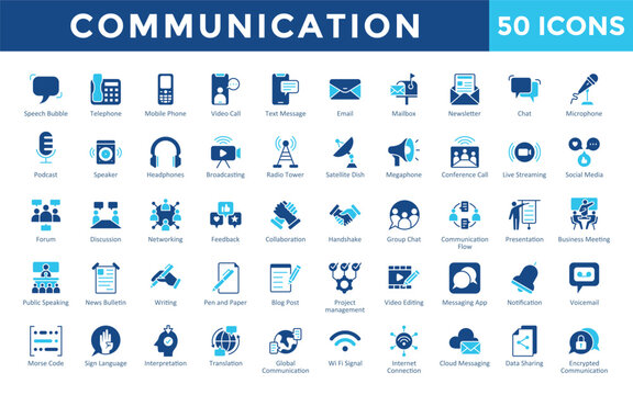 Communication icons set with speech bubble, telephone, mobile phone, video call, text message, email, mailbox, newsletter, chat, microphone icon. Simple flat vector 
