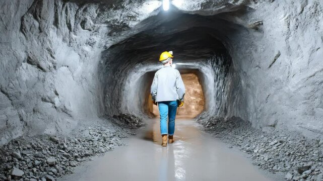 Man in a hard hat walks through a tunnel. The tunnel is dark and narrow, and the man is the only one in it. Scene is eerie and mysterious, as the man is alone in the dark tunnel