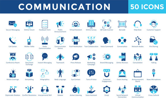 Communication icons set with secure messaging, online forum, feedback form, public announcement, virtual assistant, online survey, qr code scanner, barcode, help desk icon. Simple flat vector 
