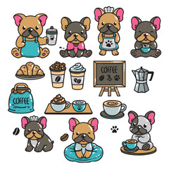 Set of French bulldogs with a coffee shop theme in various poses with hand-drawn vector illustrations. Doodle flat art style, isolated and easy to use for creative projects and designs.