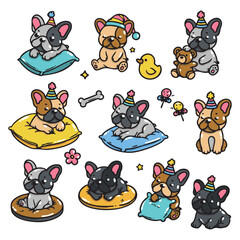 Set of French bulldogs with a party theme in various poses with hand-drawn vector illustrations. Doodle flat art style, isolated and easy to use for creative projects and designs.