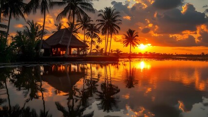 Golden Sunset Reflecting in Tropical Lake Water with Palm Trees and Thatched Bungalow Creating a Tranquil Evening Landscape